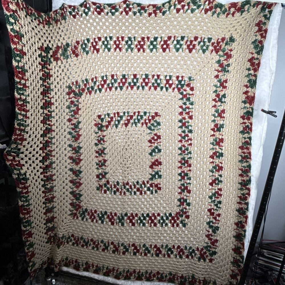 VTG Handmade Crochet Afghan Throw Cottagecore Gold/Red/Green Christmas 62x52